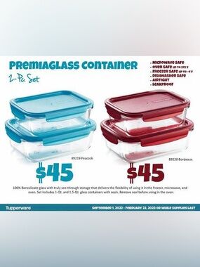 Tupperware PremiaGlass 2-Pc Container Set - Peacock or Bordeaux EUC